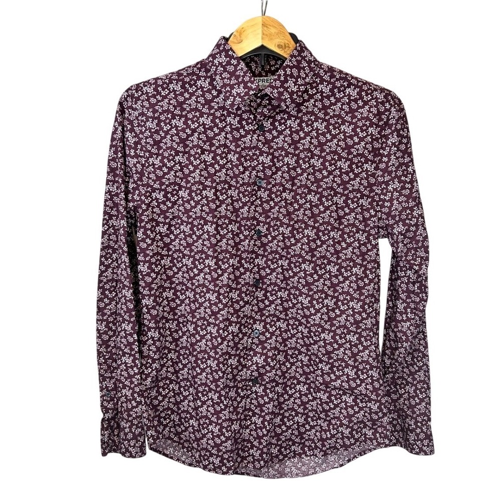 Express Mens Fitted Burgundy Floral Button Down Shirt Long Sleeve Medium 15-15.5